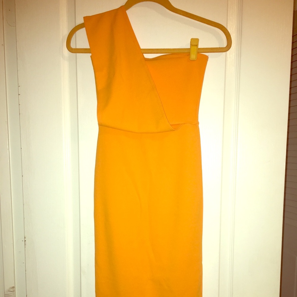 Yellow one shoulder draped midi dress